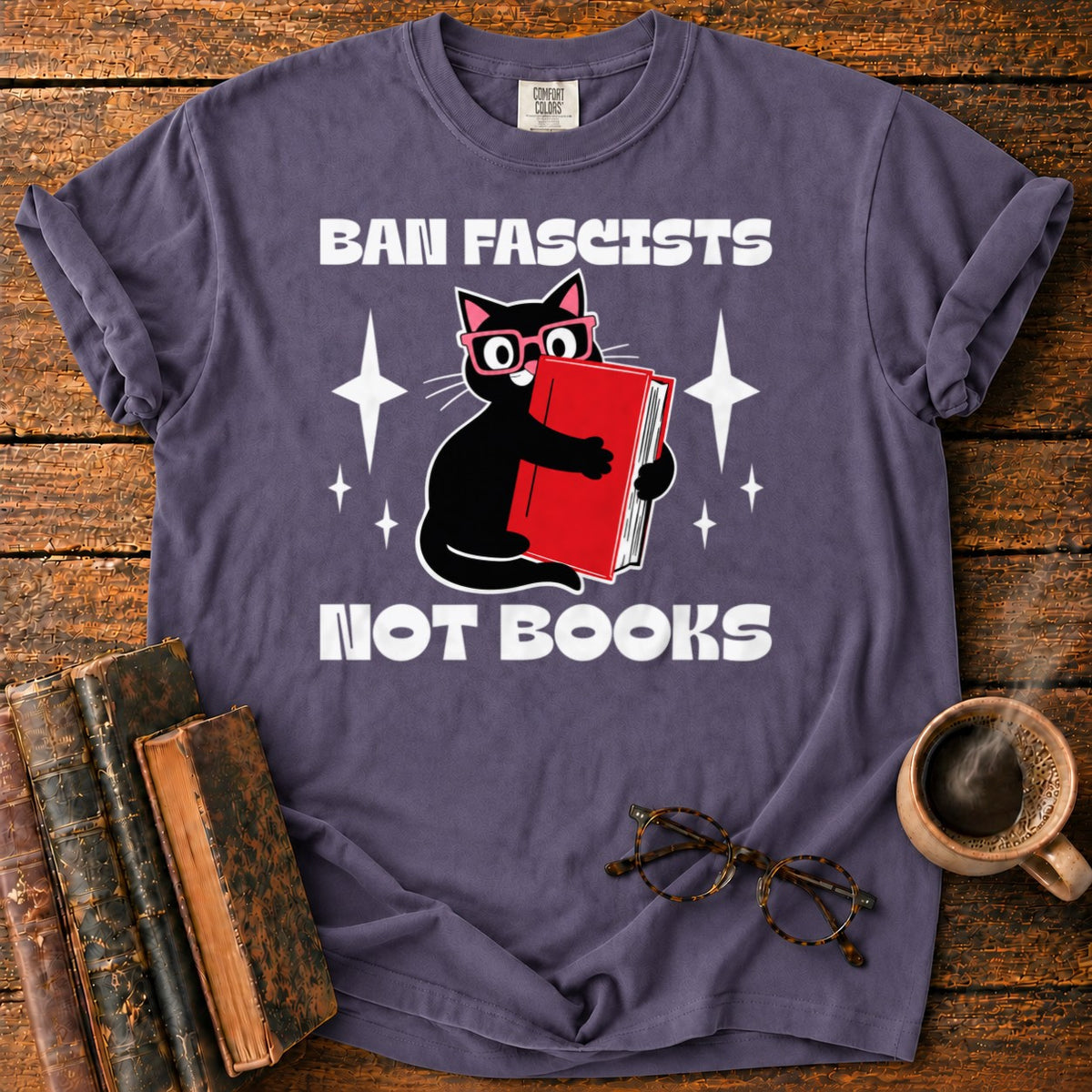 Retro Cat Hugging A Red Book T-Shirt in Grape – BooksThreads