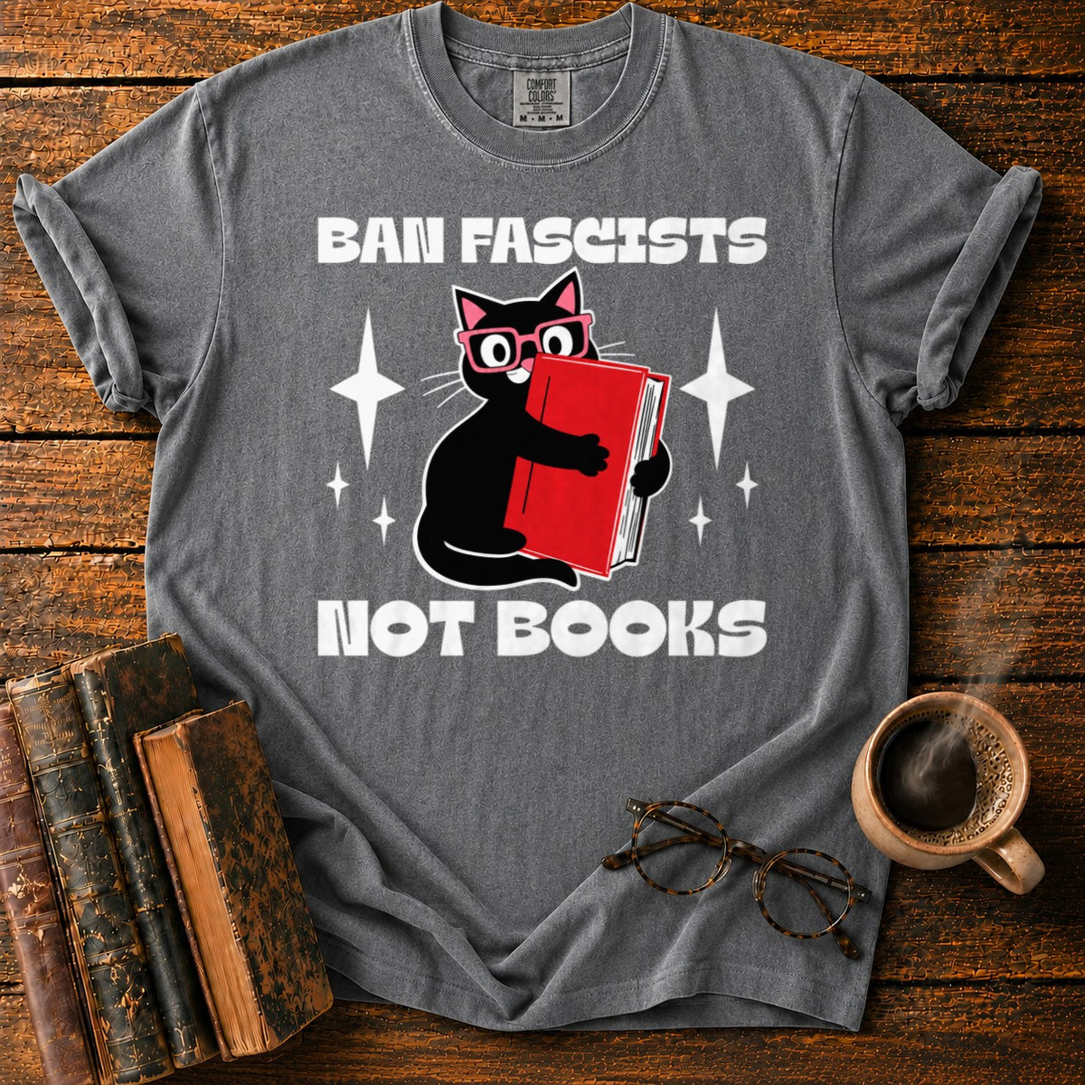 Retro Cat Hugging A Red Book T-Shirt in Pepper – BooksThreads