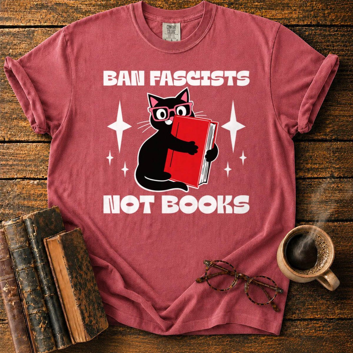 Retro Cat Hugging A Red Book T-Shirt in Watermelon – BooksThreads