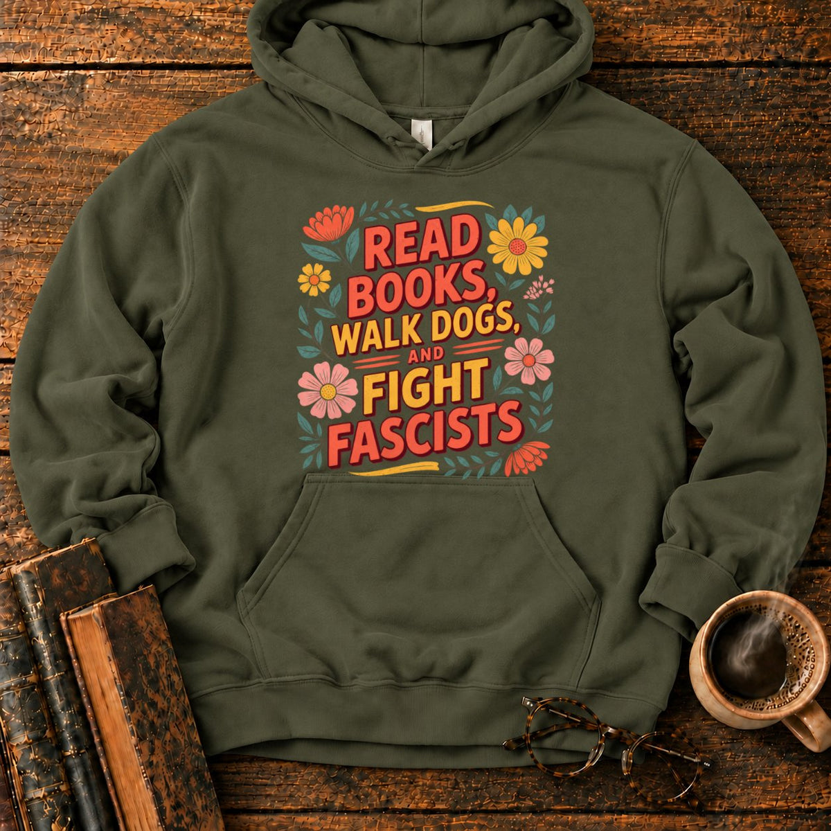 Retro Floral Slogan Hoodie in Military Green – BooksThreads