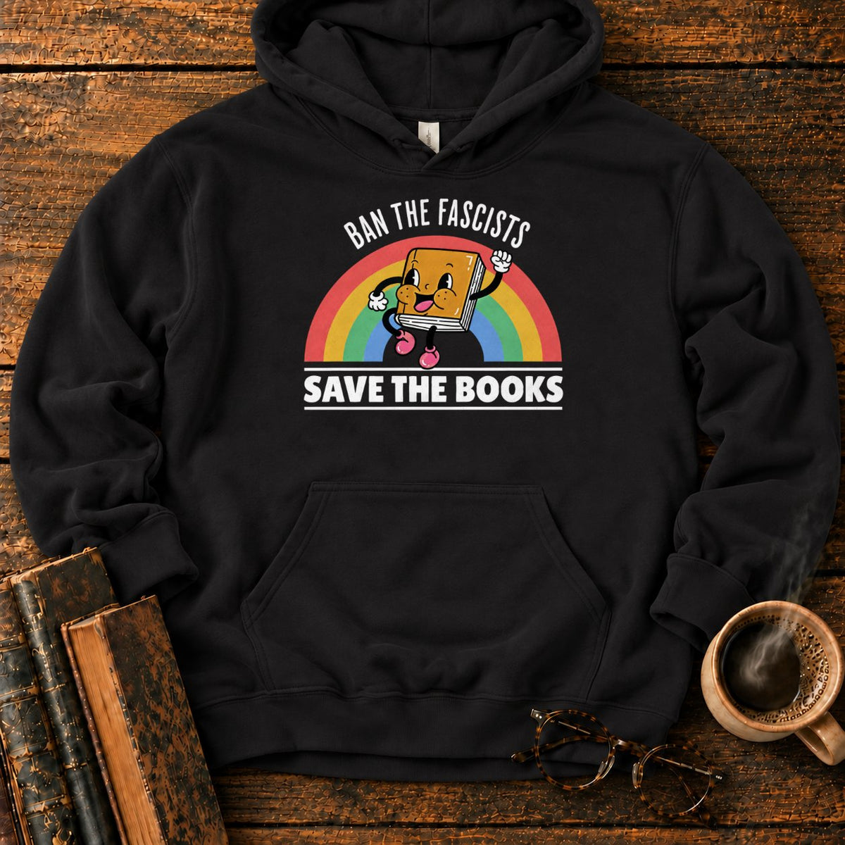 Retro Rainbow Book Character Hoodie in Black – BooksThreads