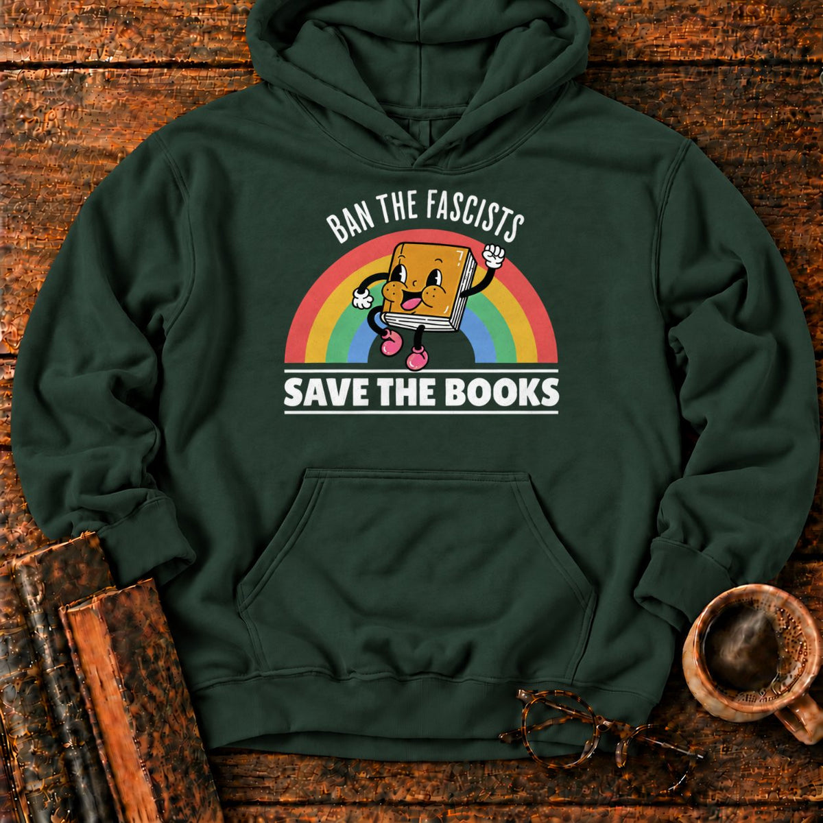 Retro Rainbow Book Character Hoodie in Forest Green – BooksThreads