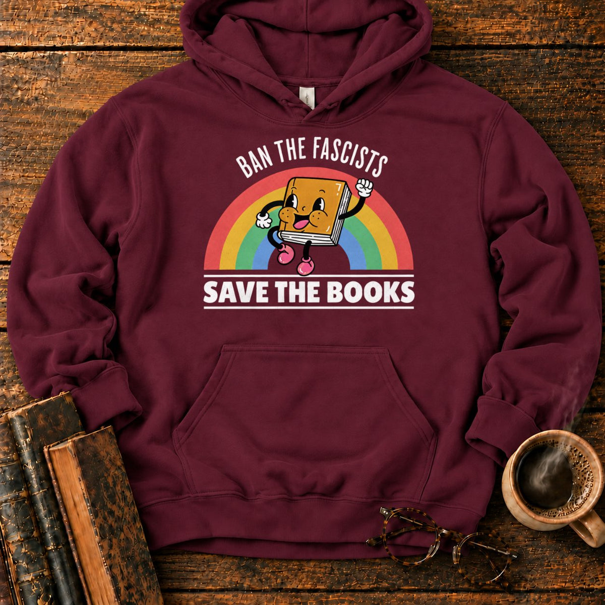 Retro Rainbow Book Character Hoodie in Maroon – BooksThreads