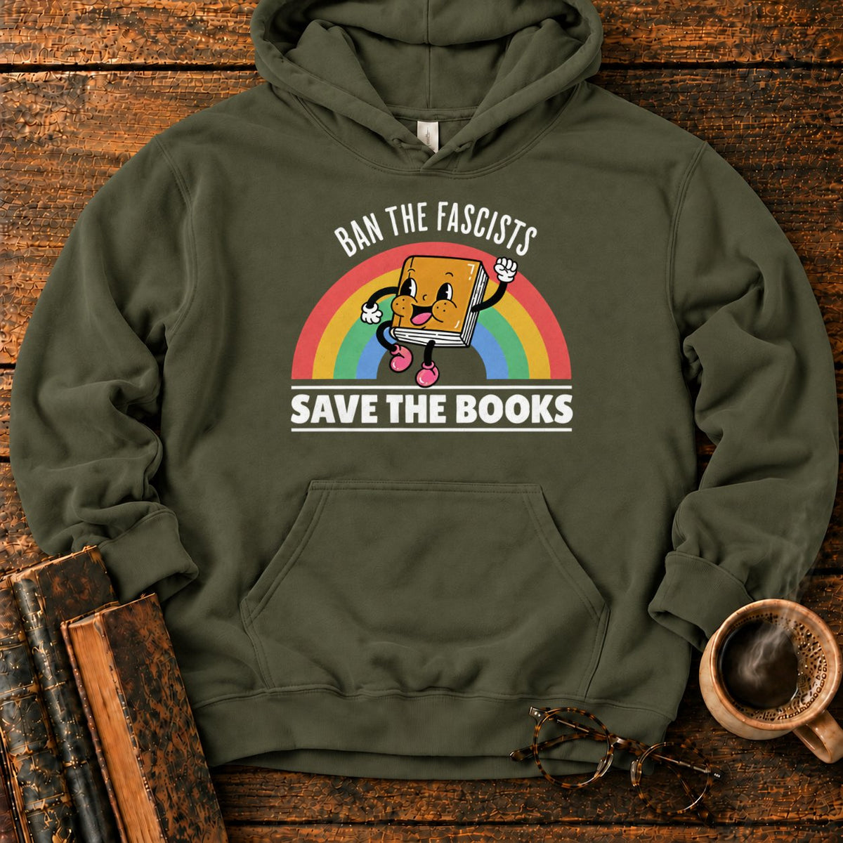 Retro Rainbow Book Character Hoodie in Military Green – BooksThreads