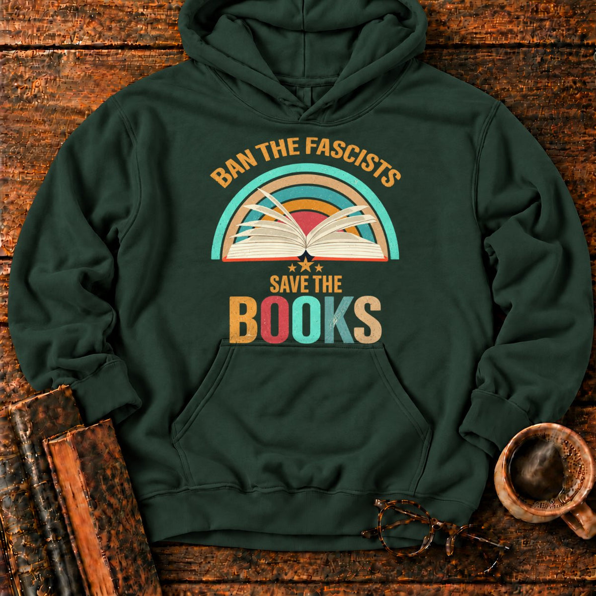 Retro Rainbow Book With Stars Hoodie in Forest Green – BooksThreads