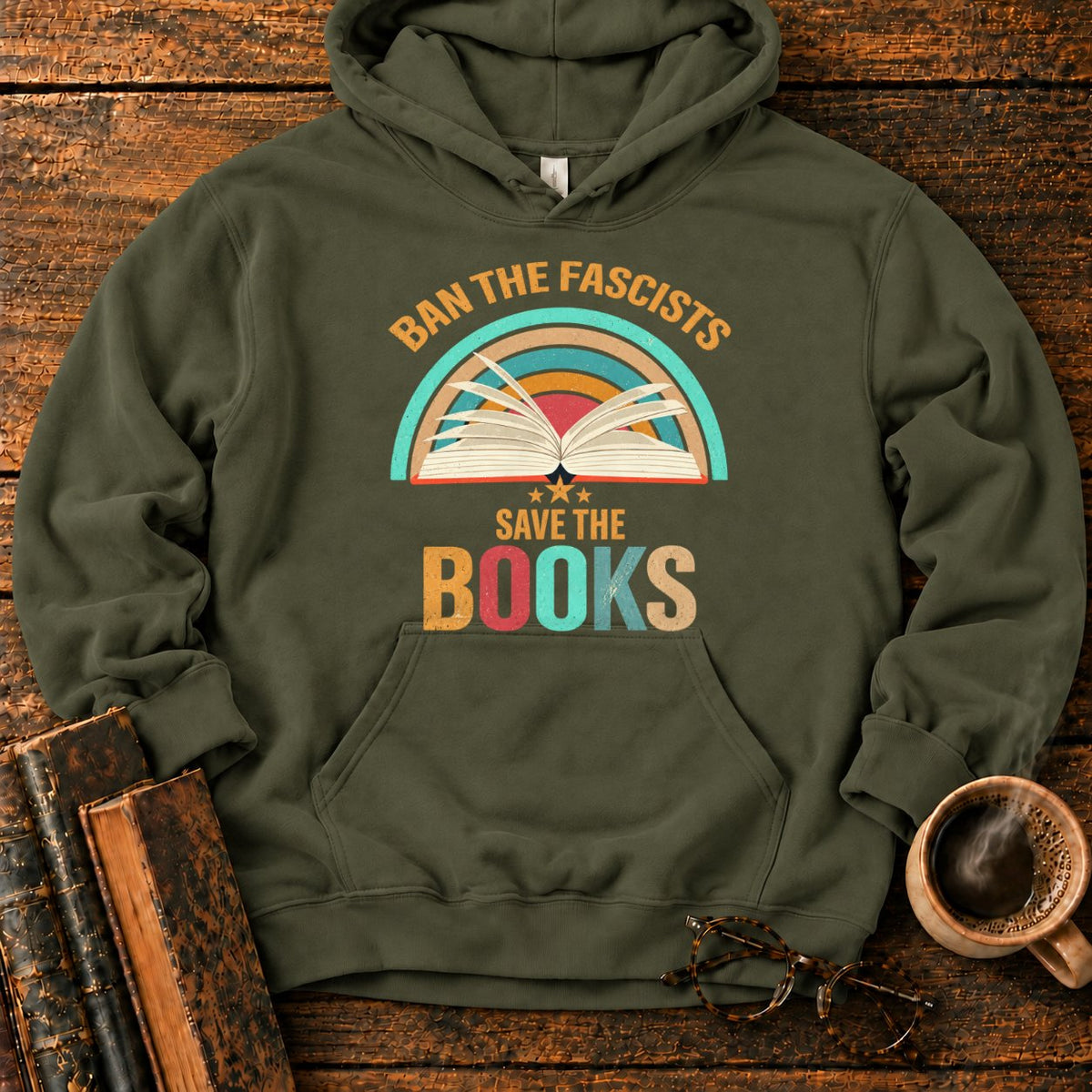 Retro Rainbow Book With Stars Hoodie in Military Green – BooksThreads