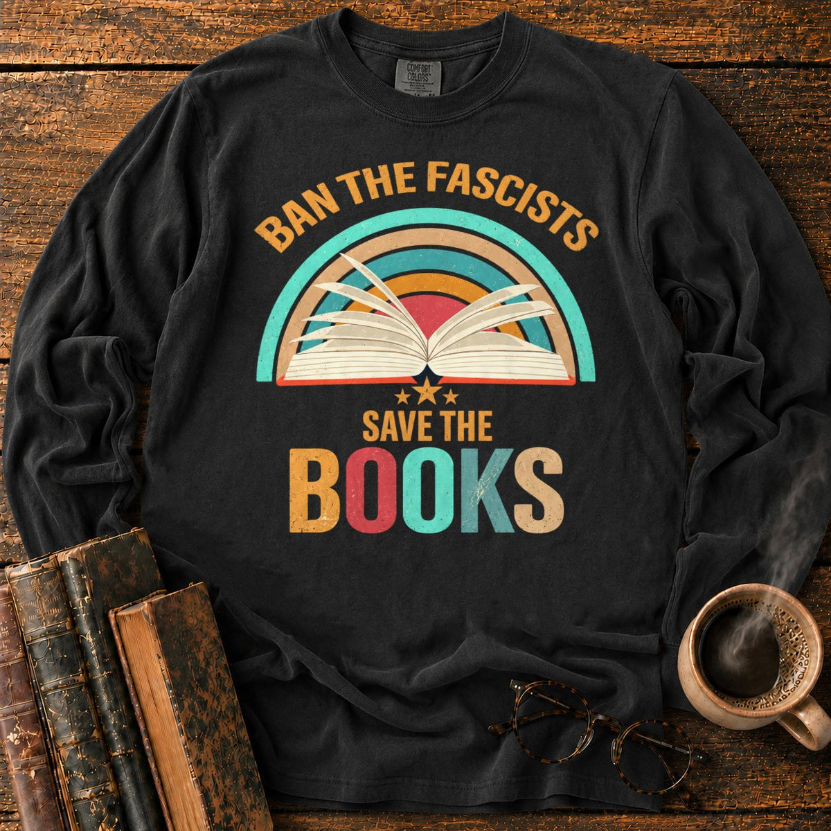 Retro Rainbow Book With Stars LS T-Shirt in Black – BooksThreads