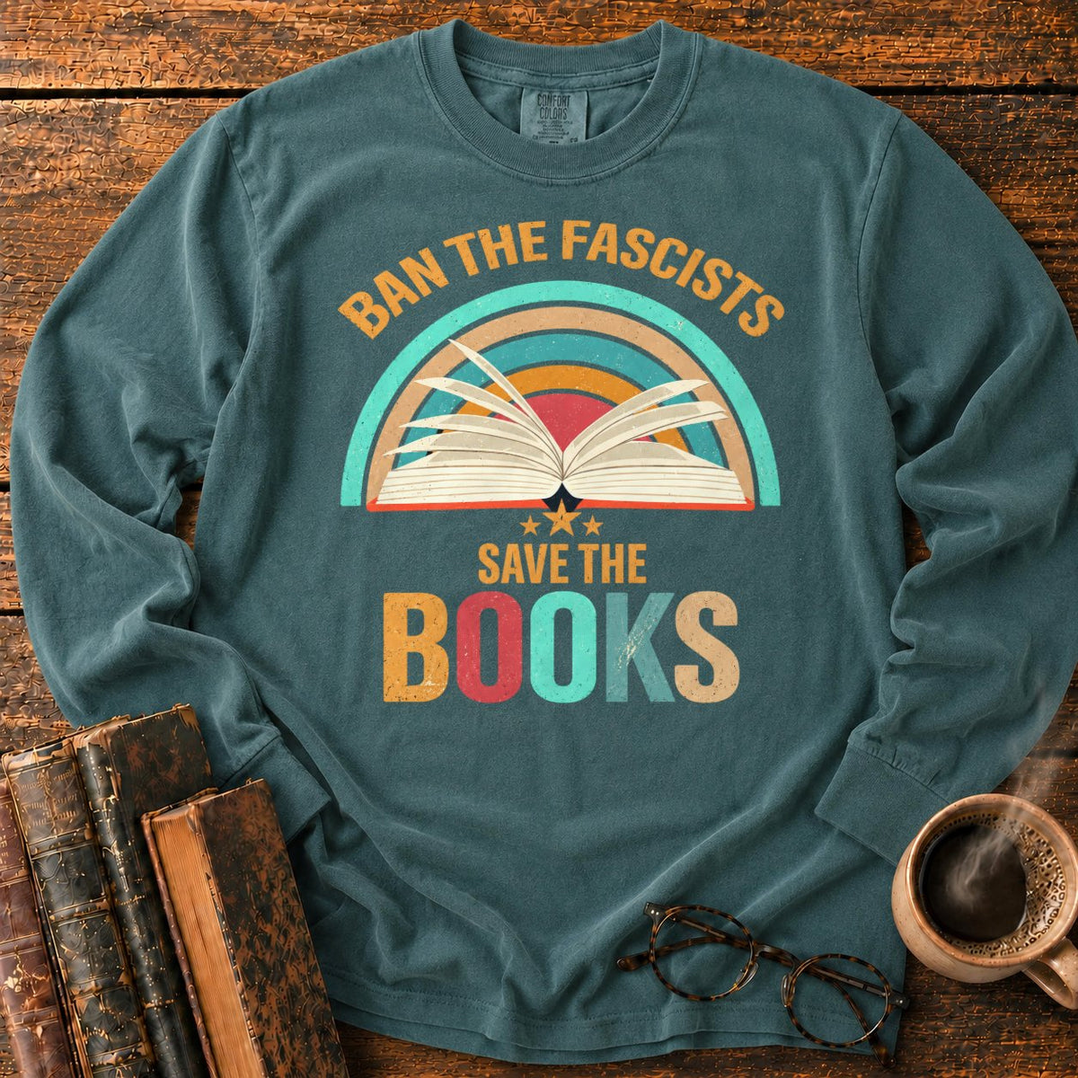 Retro Rainbow Book With Stars LS T-Shirt in Blue Spruce – BooksThreads