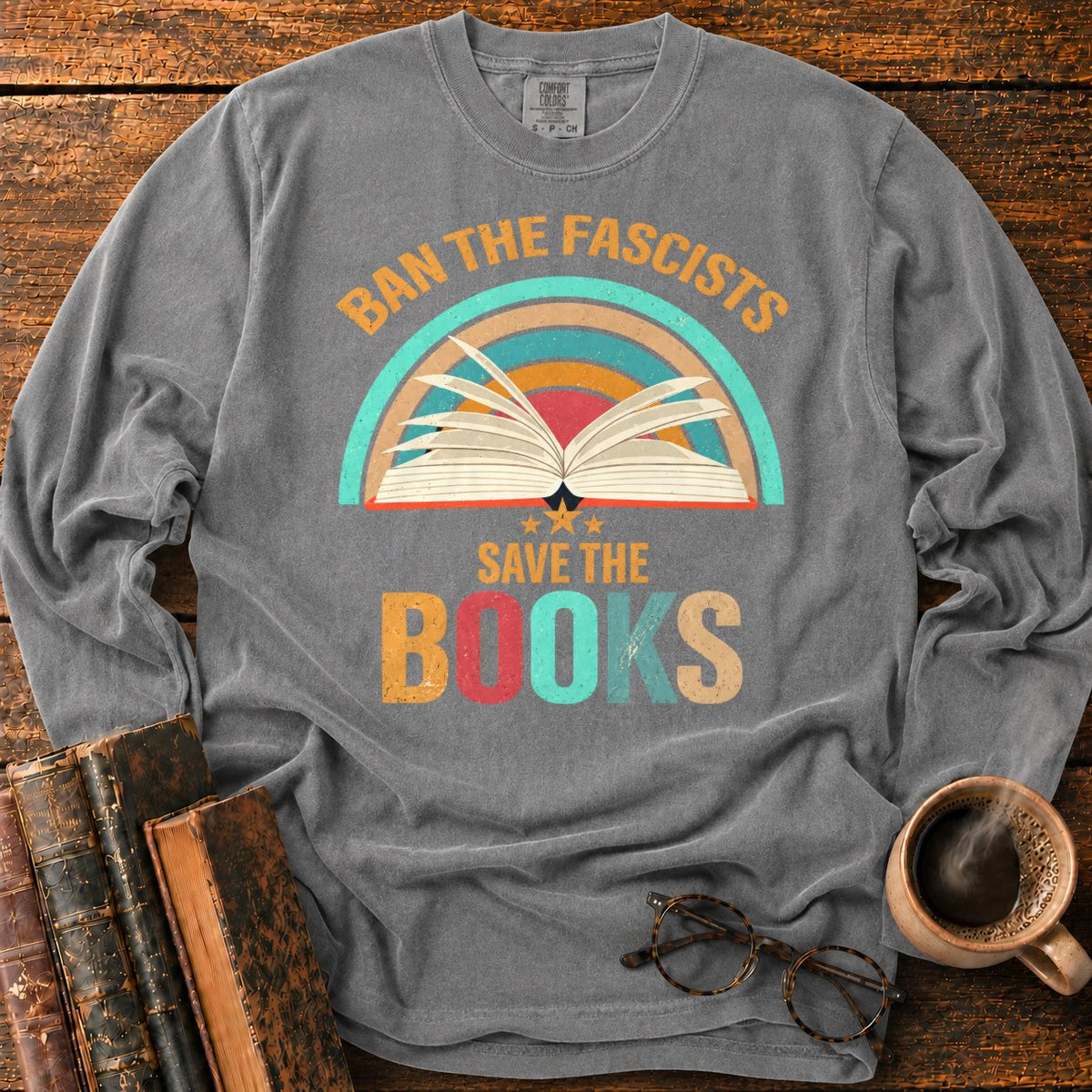 Retro Rainbow Book With Stars LS T-Shirt in Pepper – BooksThreads