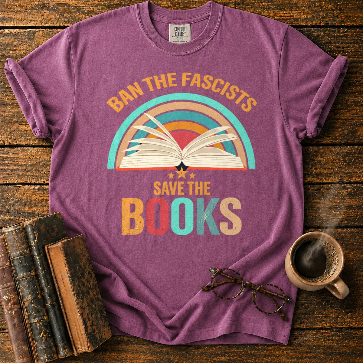 Retro Rainbow Book With Stars T-Shirt in Berry – BooksThreads