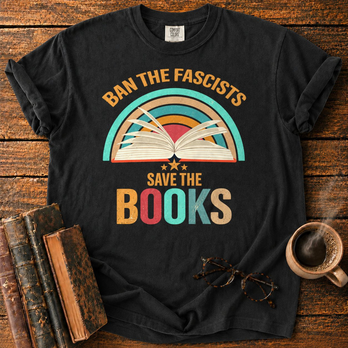 Retro Rainbow Book With Stars T-Shirt in Black – BooksThreads