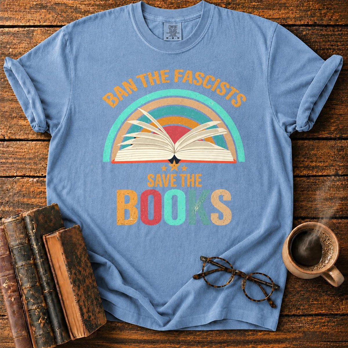 Retro Rainbow Book With Stars T-Shirt in Blue Jean – BooksThreads