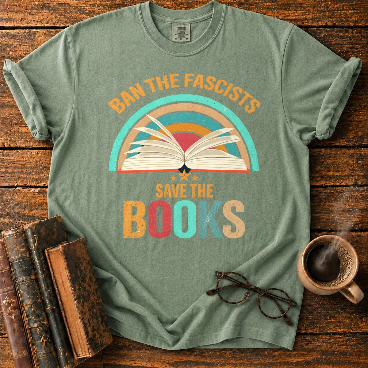 Retro Rainbow Book With Stars T-Shirt in Moss – BooksThreads