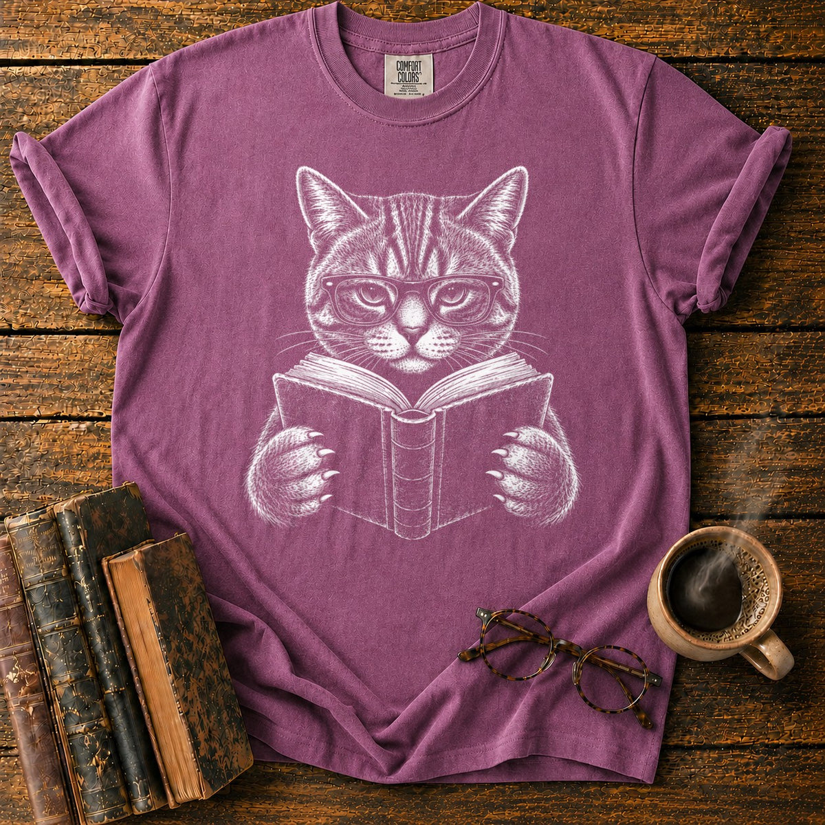 Scholarly Cat Reading T-Shirt in Berry – BooksThreads