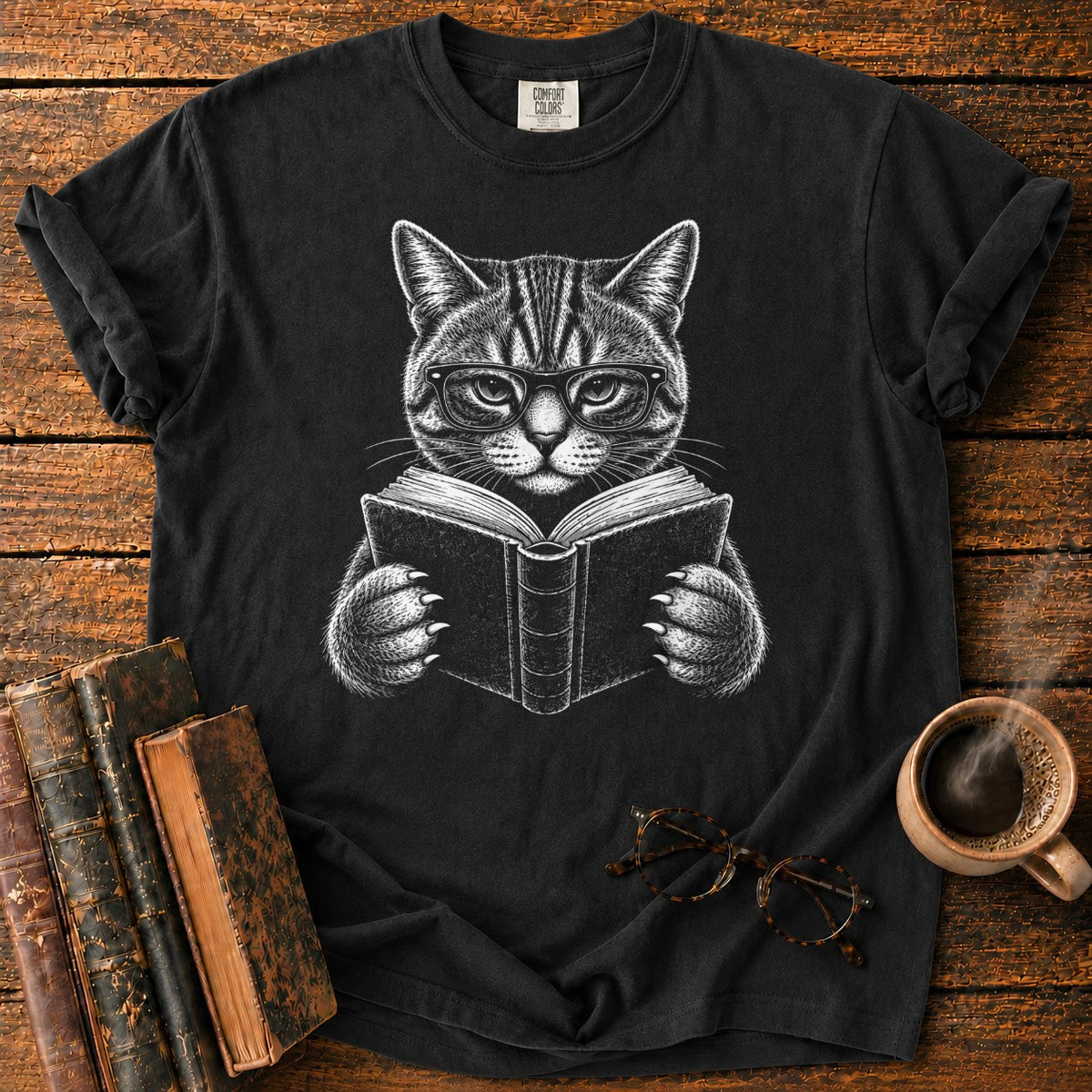Scholarly Cat Reading T-Shirt in Black – BooksThreads