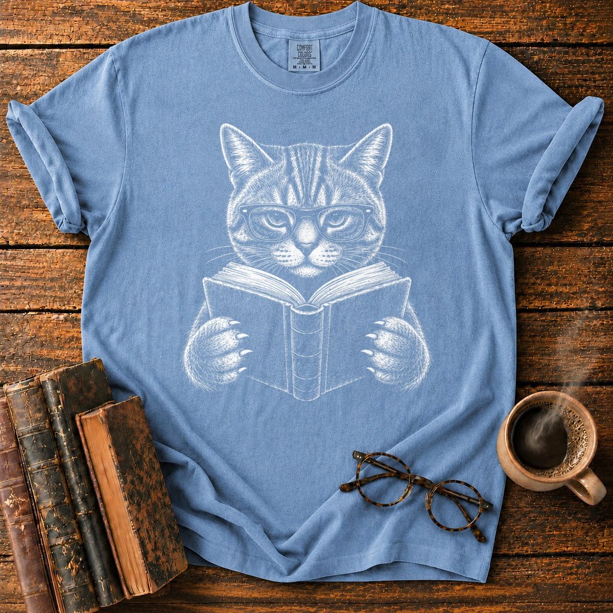 Scholarly Cat Reading T-Shirt in Blue Jean – BooksThreads