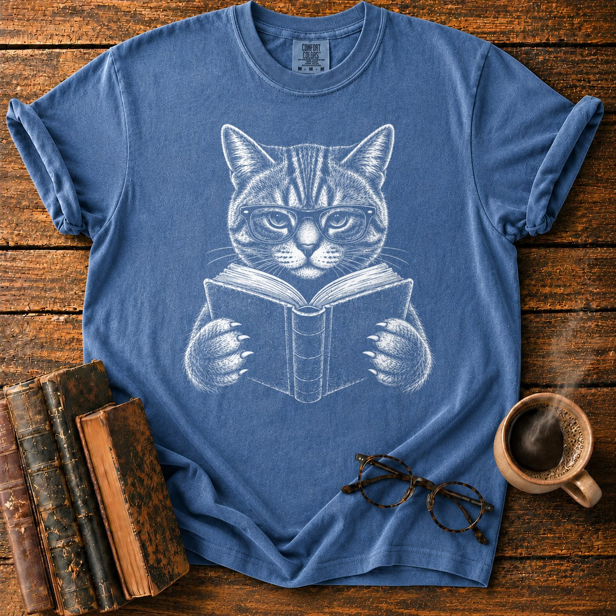 Scholarly Cat Reading T-Shirt in Denim – BooksThreads