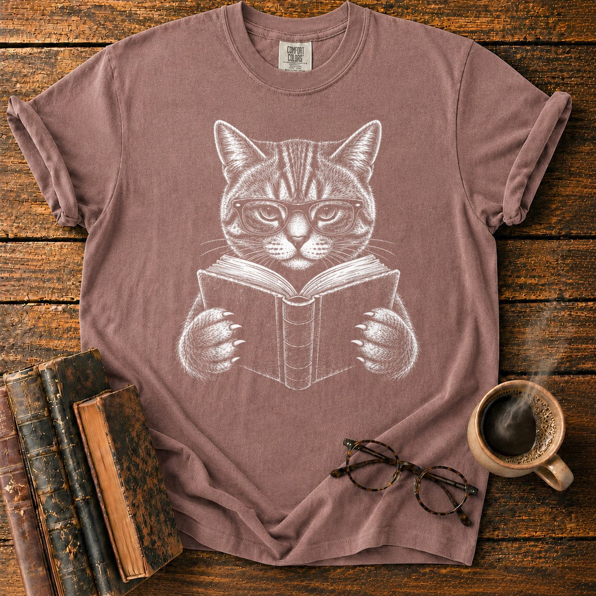 Scholarly Cat Reading T-Shirt in Espresso – BooksThreads