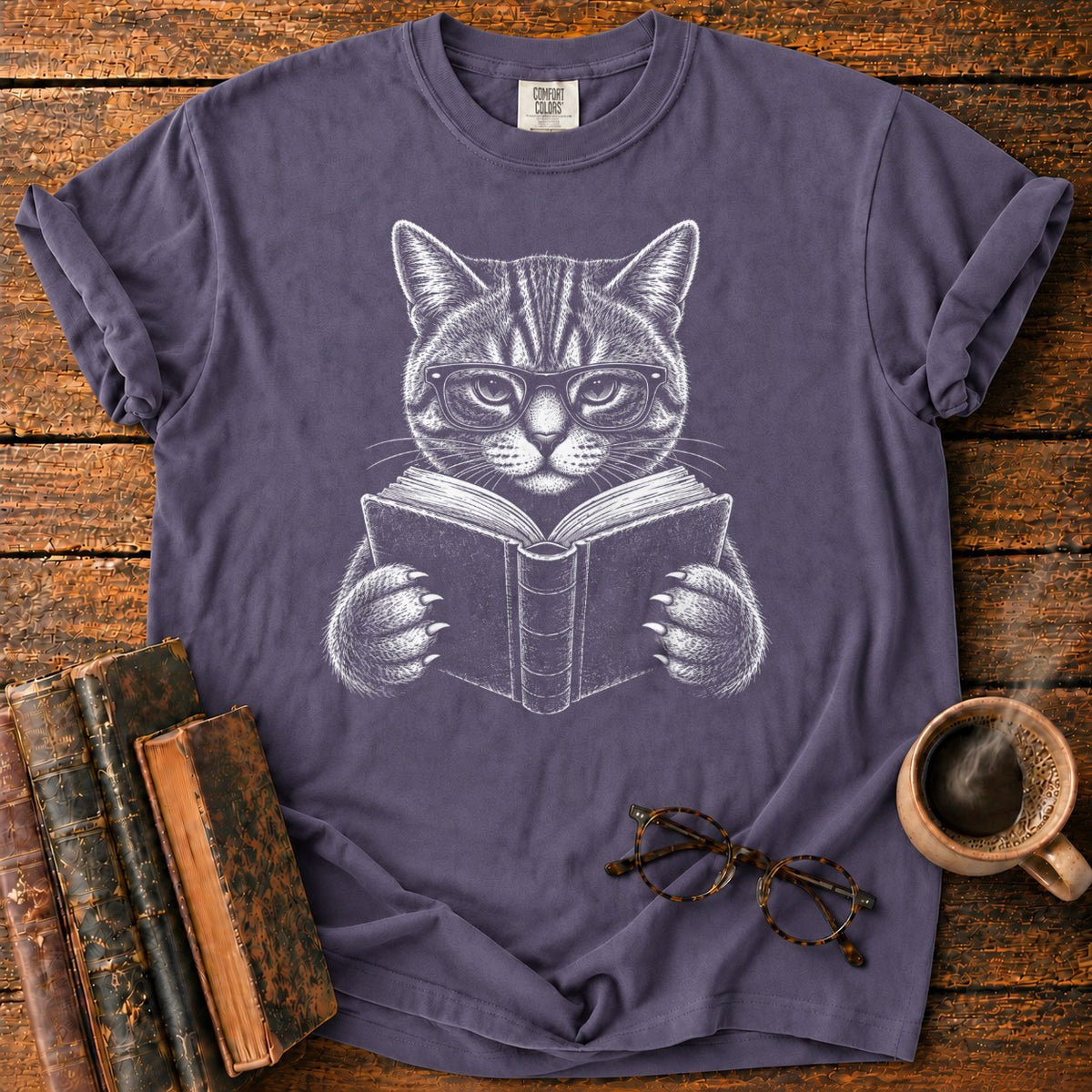 Scholarly Cat Reading T-Shirt in Grape – BooksThreads