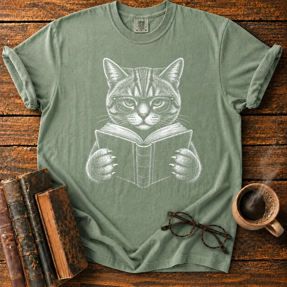 Scholarly Cat Reading T-Shirt in Moss – BooksThreads