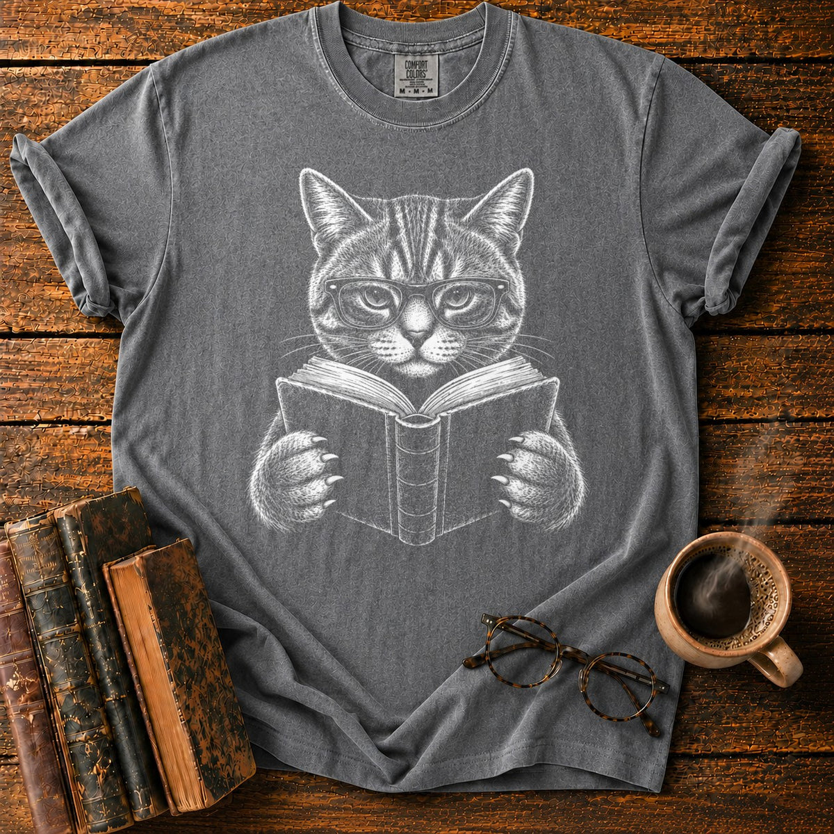 Scholarly Cat Reading T-Shirt in Pepper – BooksThreads