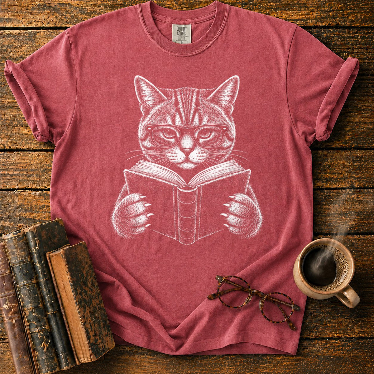 Scholarly Cat Reading T-Shirt in Watermelon – BooksThreads