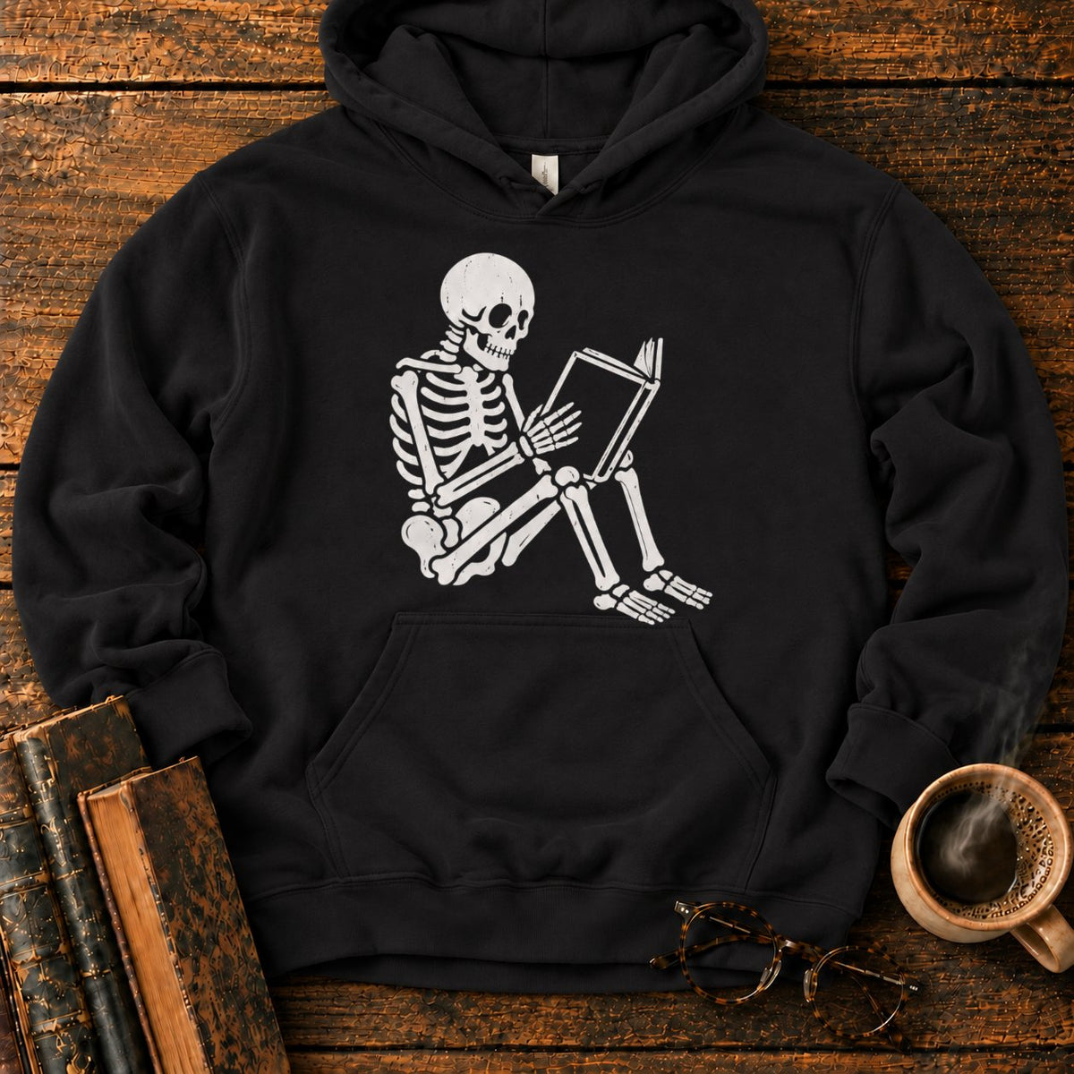 Seated Skeleton Reading An Open Book Hoodie in Black – BooksThreads