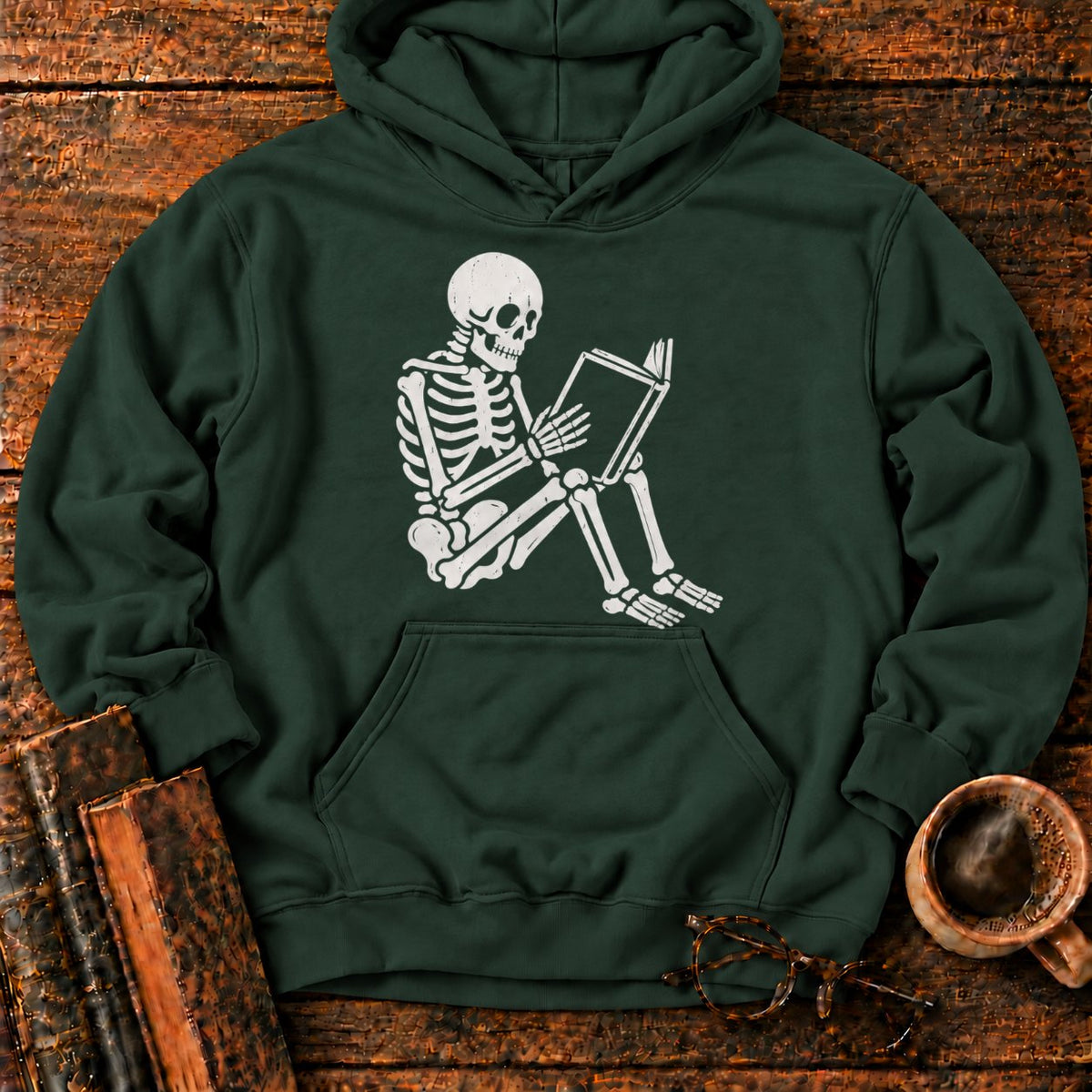 Seated Skeleton Reading An Open Book Hoodie in Forest Green – BooksThreads