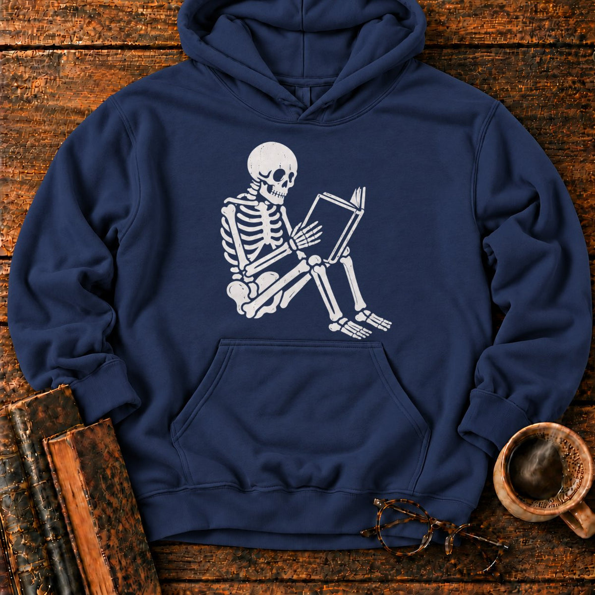 Seated Skeleton Reading An Open Book Hoodie in Navy – BooksThreads