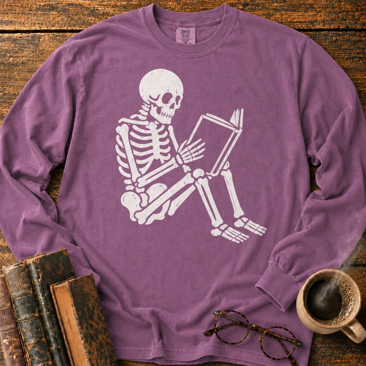 Seated Skeleton Reading An Open Book LS T-Shirt in Berry – BooksThreads