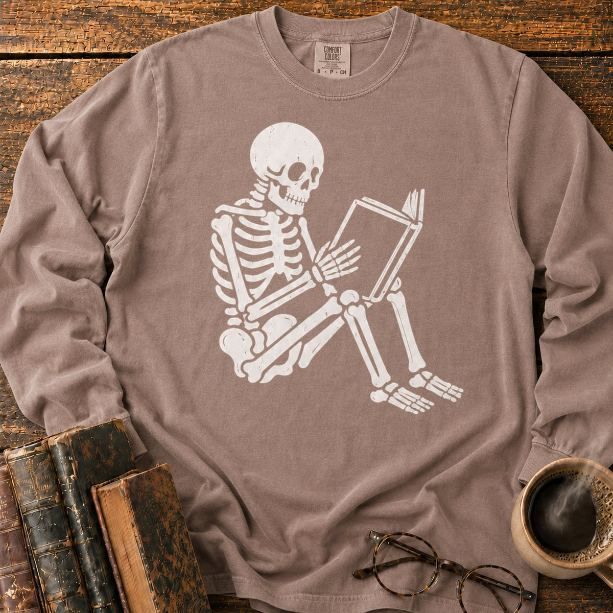 Seated Skeleton Reading An Open Book LS T-Shirt in Espresso – BooksThreads