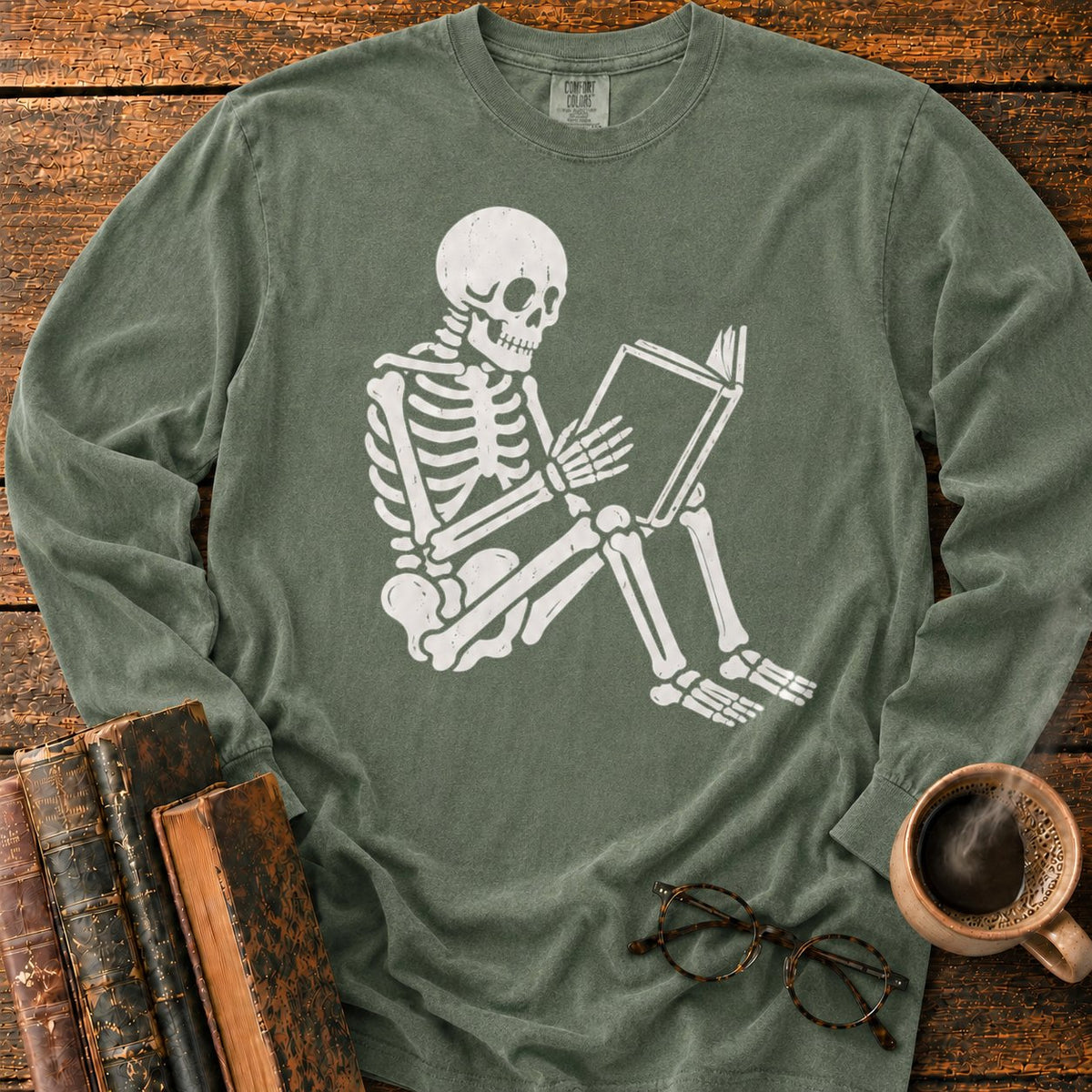 Seated Skeleton Reading An Open Book LS T-Shirt in Hemp – BooksThreads