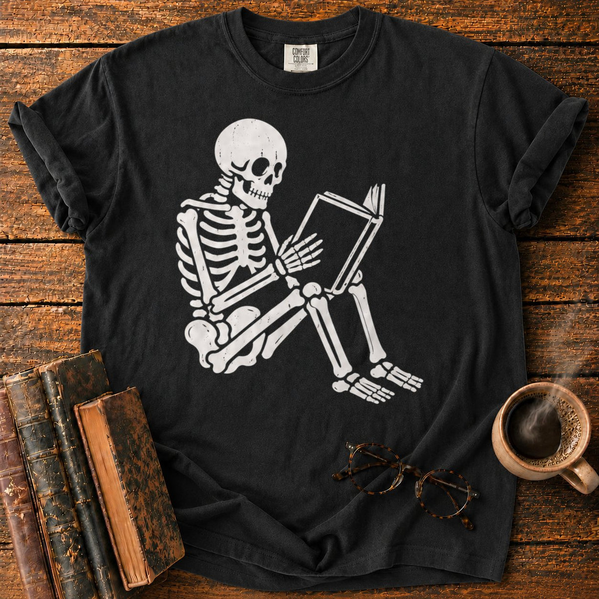 Seated Skeleton Reading An Open Book T-Shirt in Black – BooksThreads