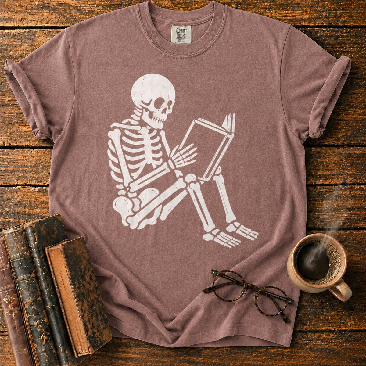 Seated Skeleton Reading An Open Book T-Shirt in Espresso – BooksThreads