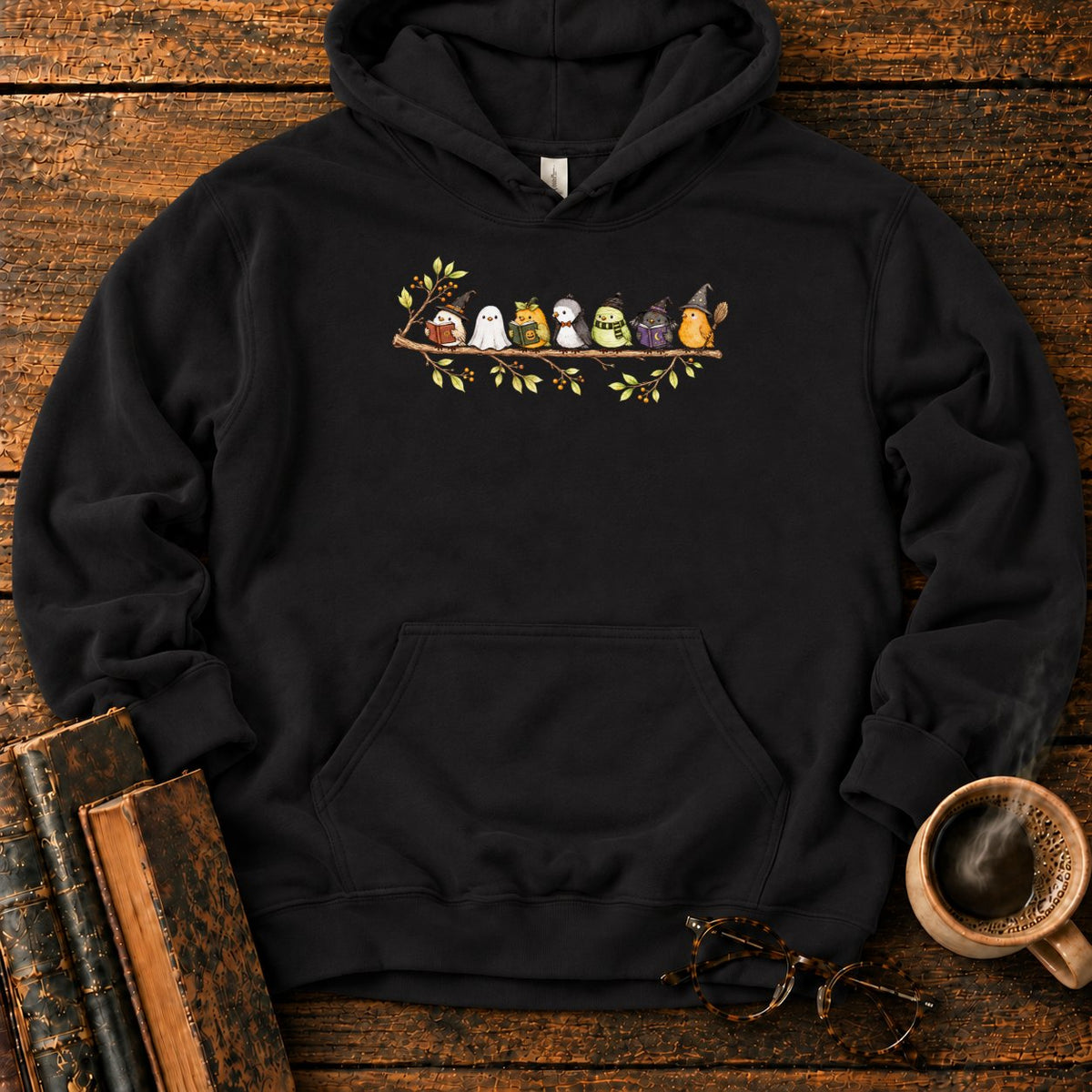 Seven Whimsical Halloween Birds On A Branch Hoodie in Black – BooksThreads