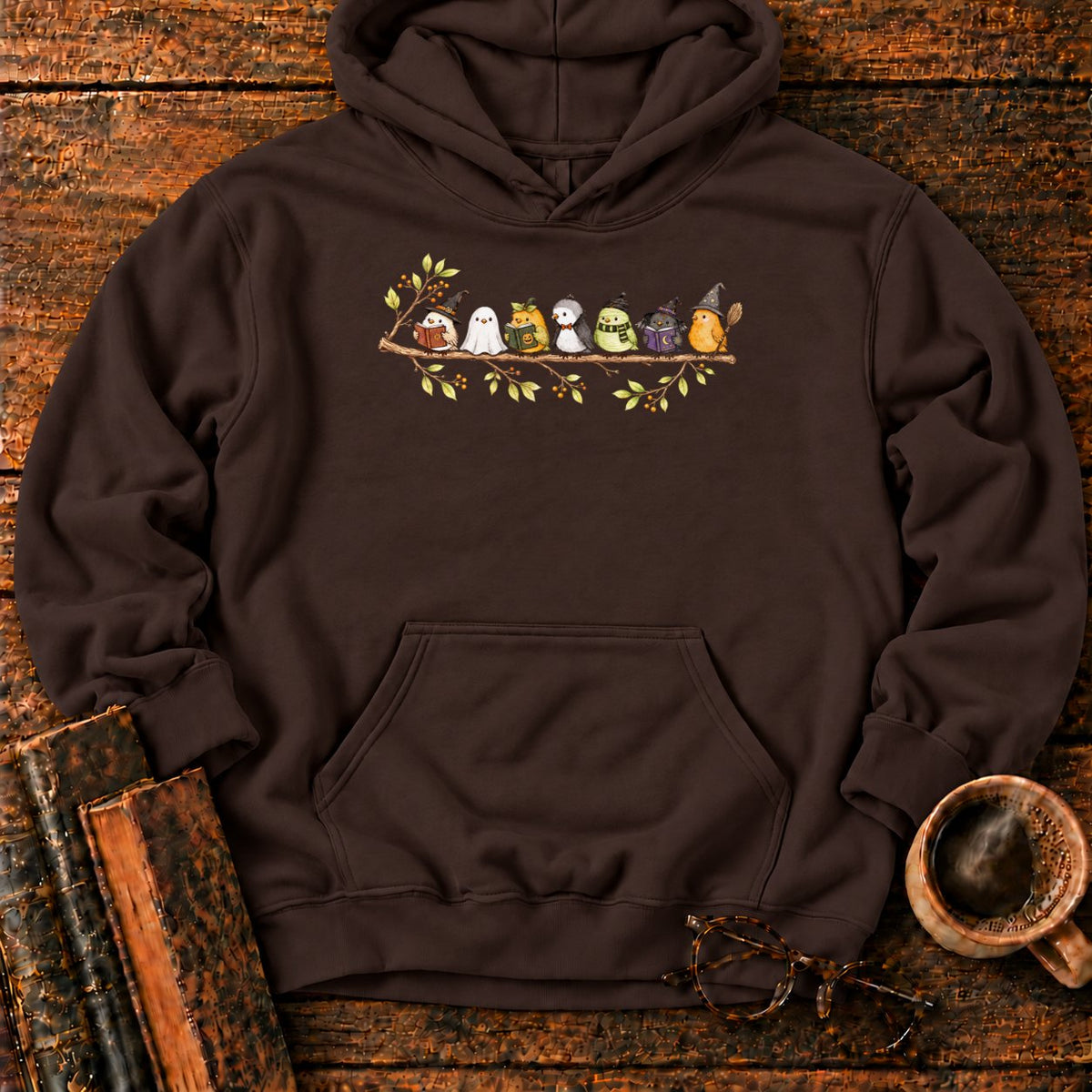 Seven Whimsical Halloween Birds On A Branch Hoodie in Dark Chocolate – BooksThreads