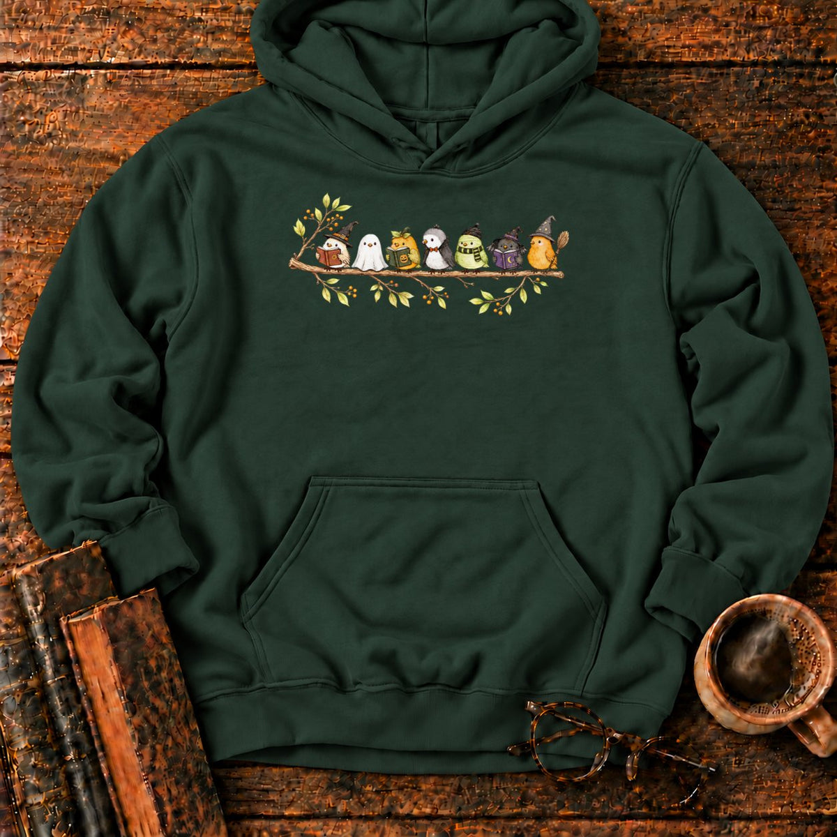 Seven Whimsical Halloween Birds On A Branch Hoodie in Forest Green – BooksThreads