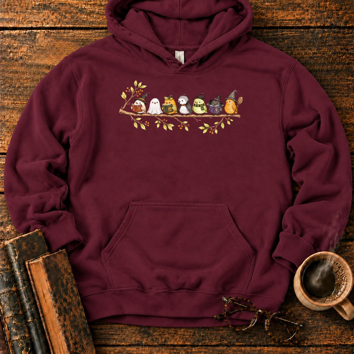 Seven Whimsical Halloween Birds On A Branch Hoodie in Maroon – BooksThreads