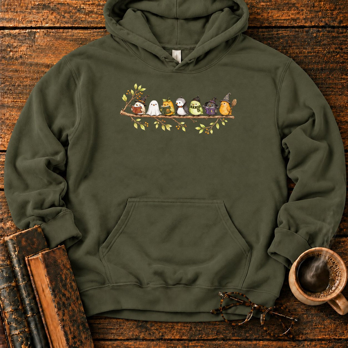 Seven Whimsical Halloween Birds On A Branch Hoodie in Military Green – BooksThreads