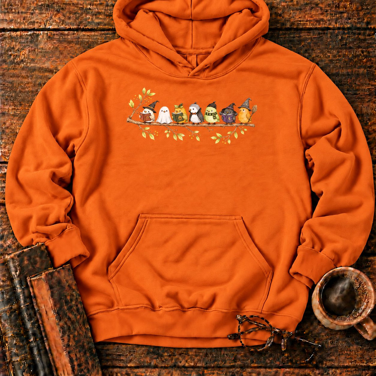 Seven Whimsical Halloween Birds On A Branch Hoodie in Orange – BooksThreads