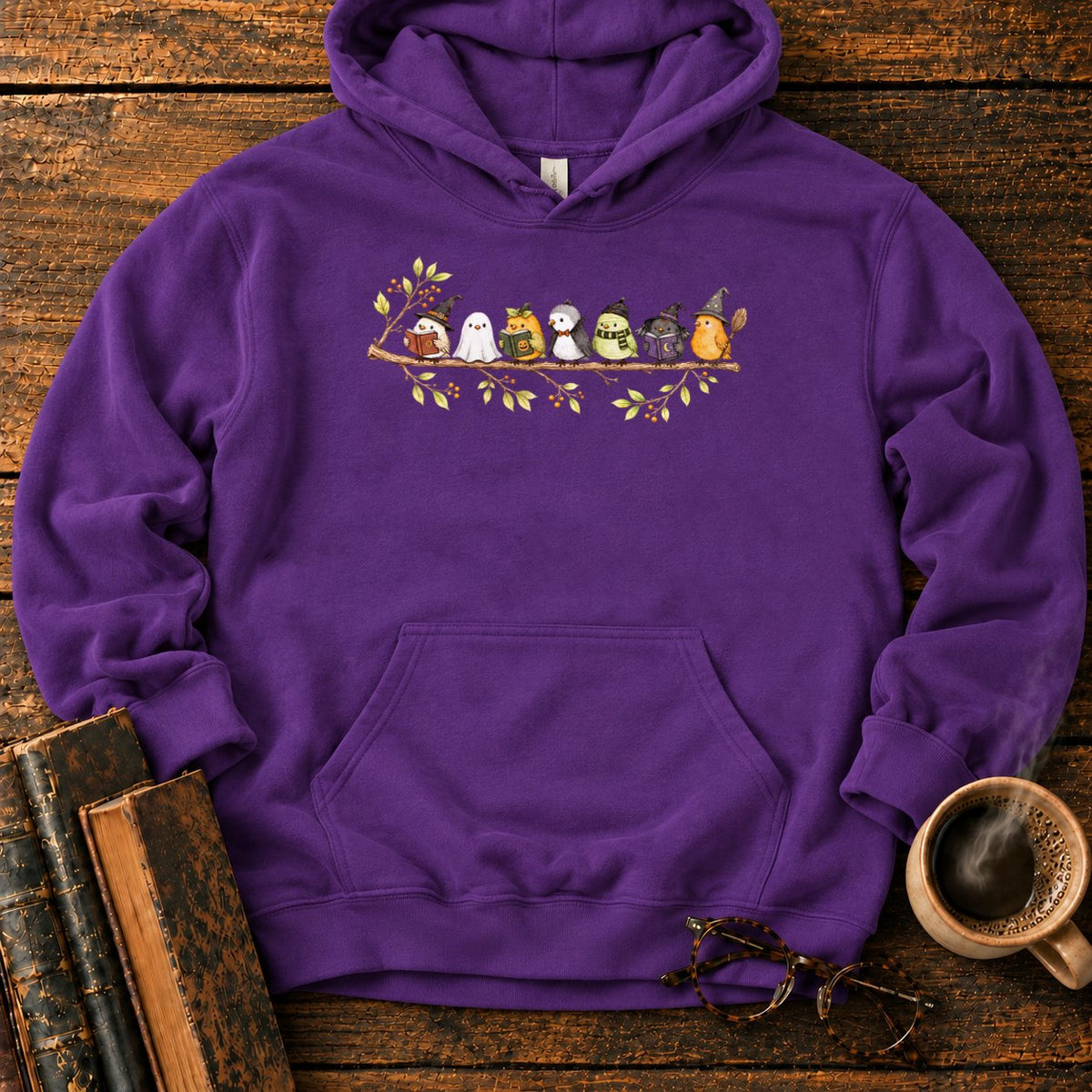 Seven Whimsical Halloween Birds On A Branch Hoodie in Purple – BooksThreads