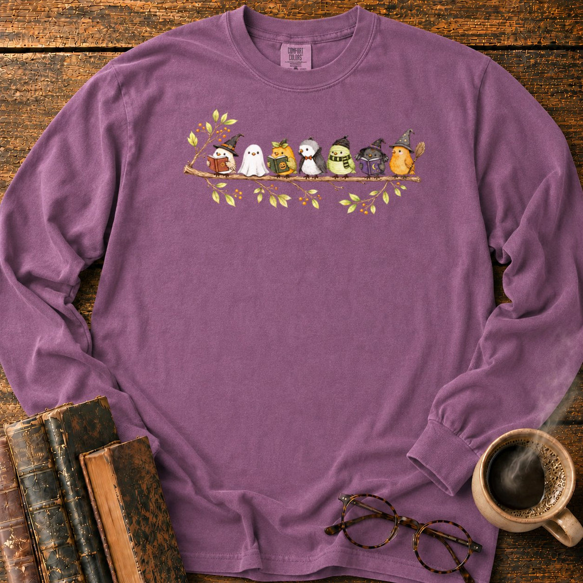 Seven Whimsical Halloween Birds On A Branch LS T-Shirt in Berry – BooksThreads