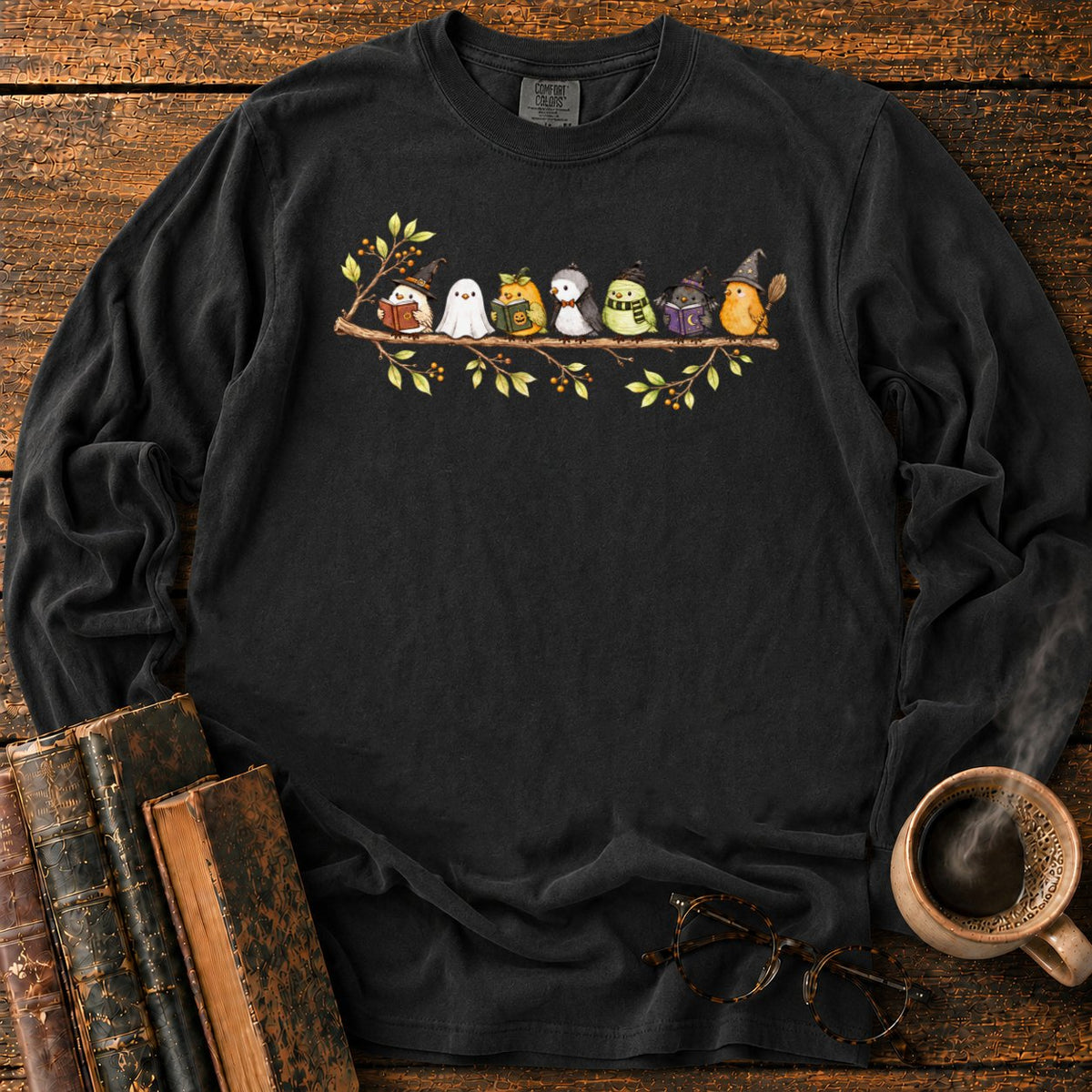 Seven Whimsical Halloween Birds On A Branch LS T-Shirt in Black – BooksThreads