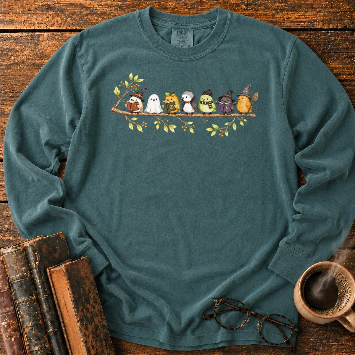 Seven Whimsical Halloween Birds On A Branch LS T-Shirt in Blue Spruce – BooksThreads