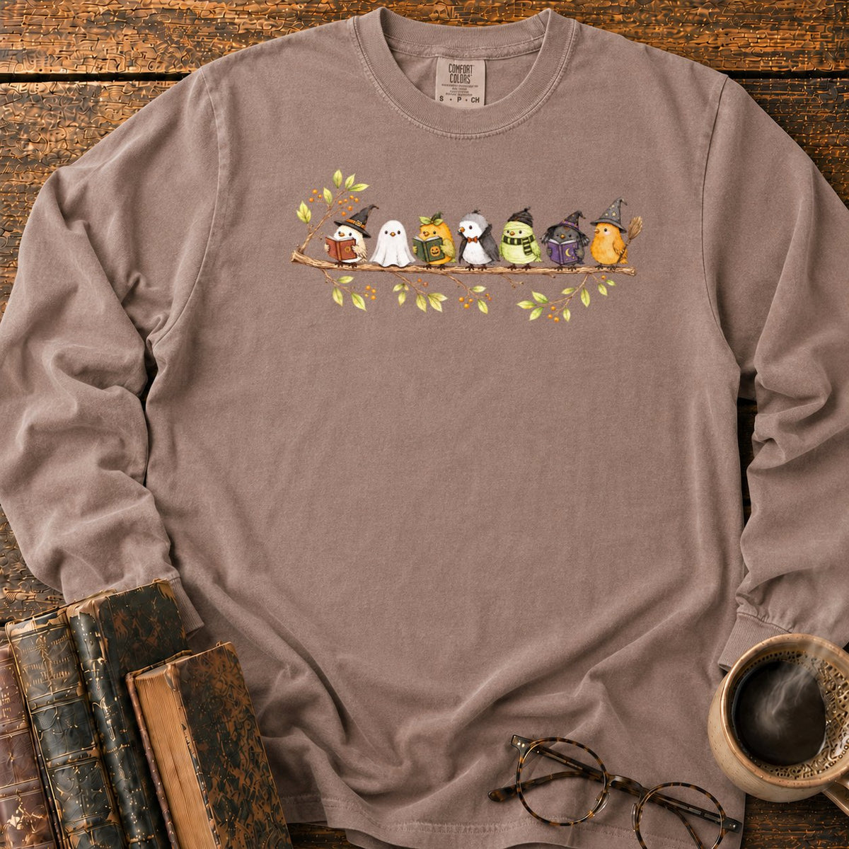 Seven Whimsical Halloween Birds On A Branch LS T-Shirt in Espresso – BooksThreads