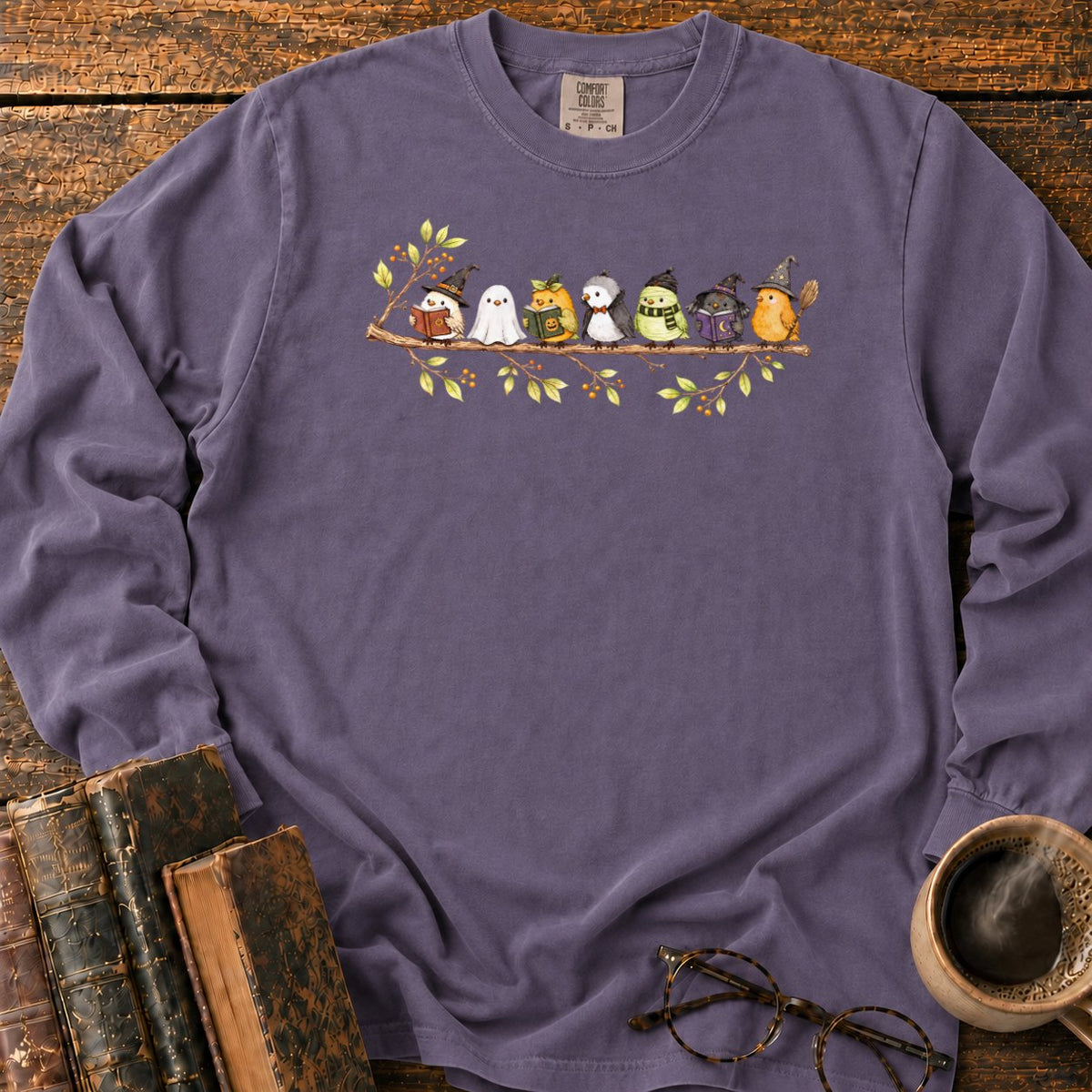 Seven Whimsical Halloween Birds On A Branch LS T-Shirt in Grape – BooksThreads