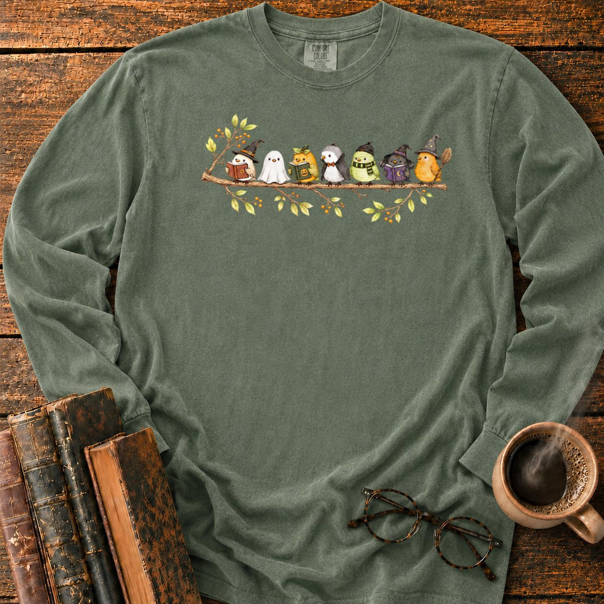 Seven Whimsical Halloween Birds On A Branch LS T-Shirt in Hemp – BooksThreads