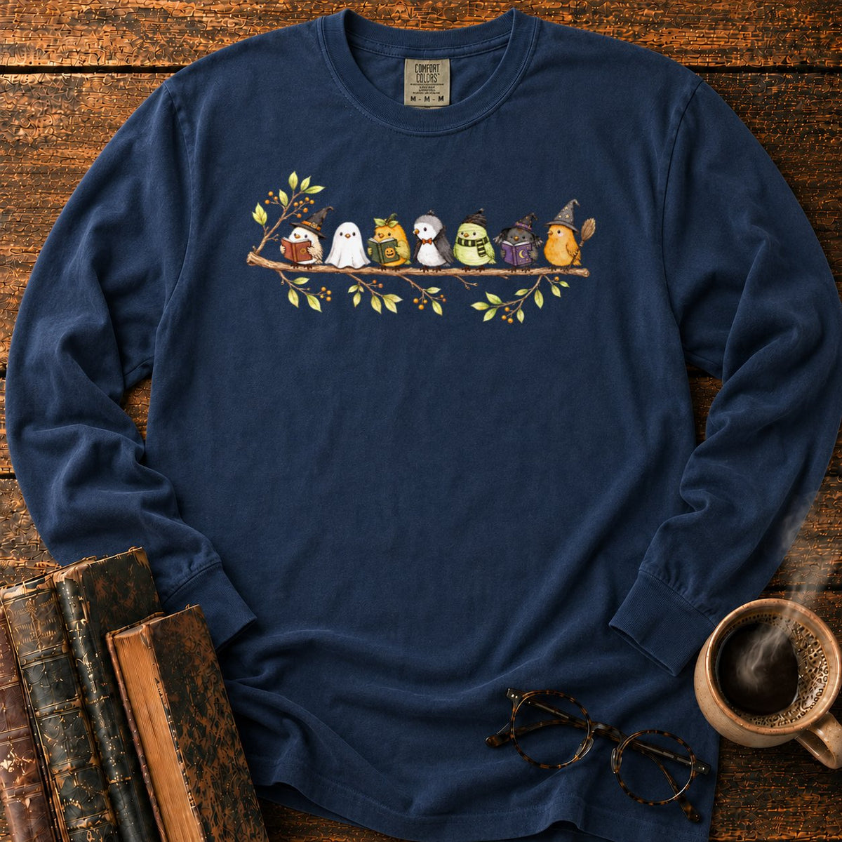 Seven Whimsical Halloween Birds On A Branch LS T-Shirt in Midnight – BooksThreads