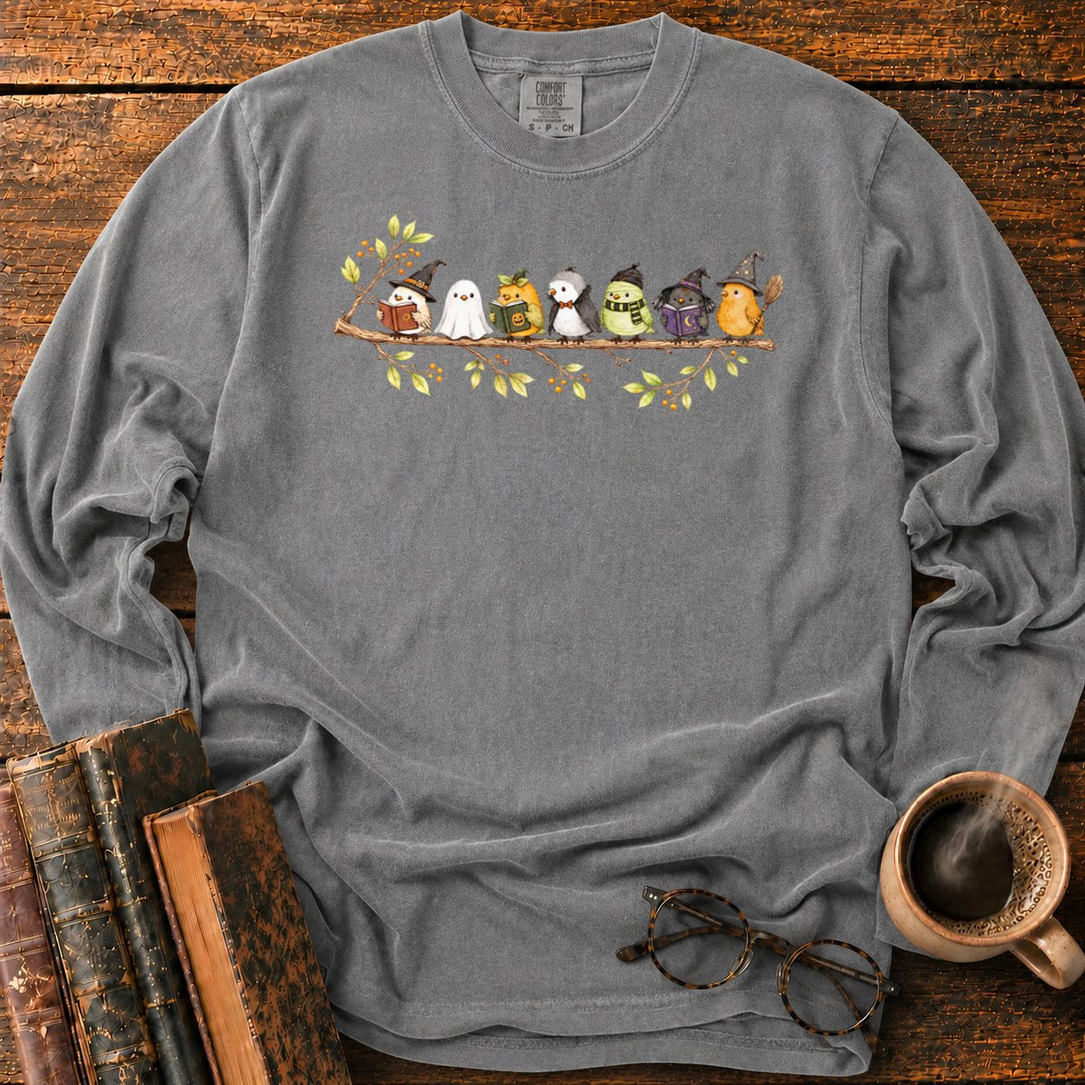 Seven Whimsical Halloween Birds On A Branch LS T-Shirt in Pepper – BooksThreads