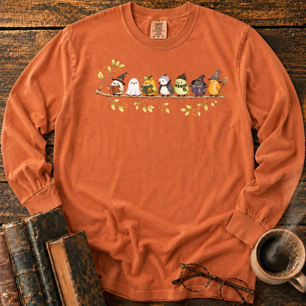 Seven Whimsical Halloween Birds On A Branch LS T-Shirt in Yam – BooksThreads